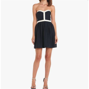 Parker Navy Blue Cream Silk Strapless Sweetheart Mini Dress Size M